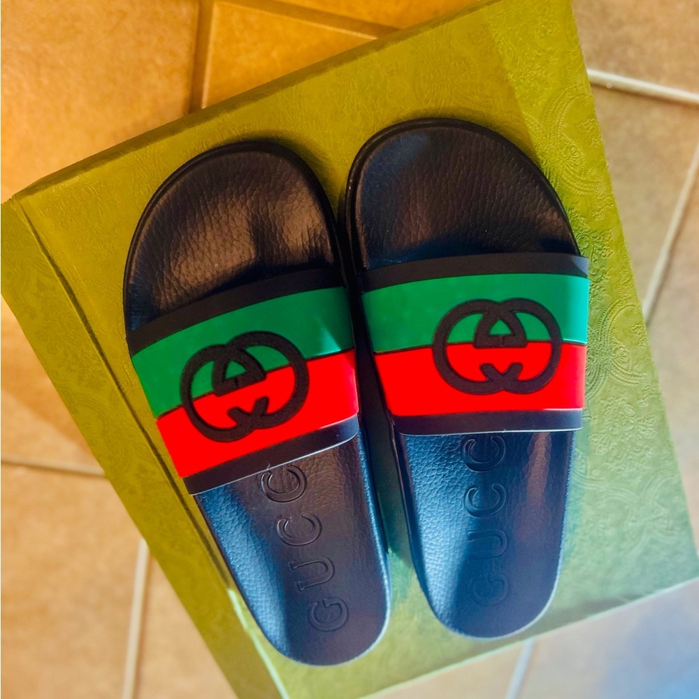 Gucci Black Slides with Red and Green Stripes ‘Interlocking G’